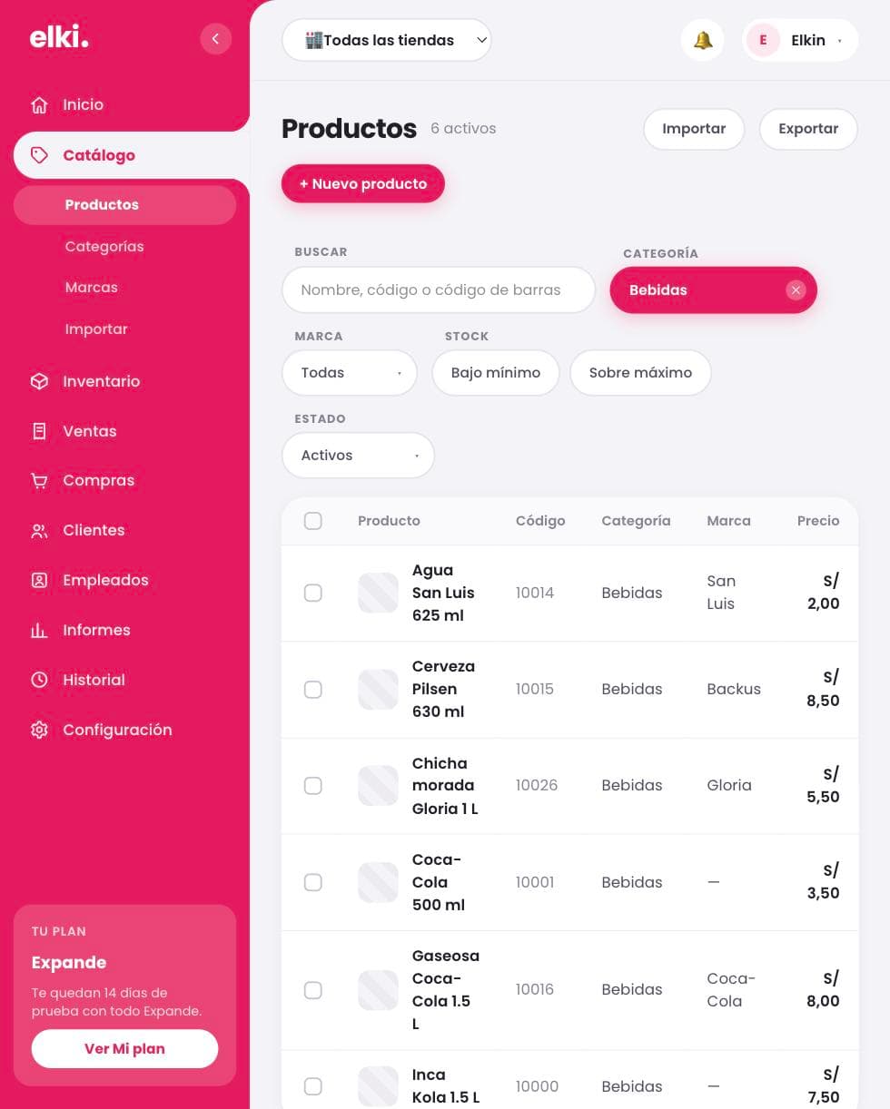 Panel web de Elki: catálogo con filtros por categoría y marca